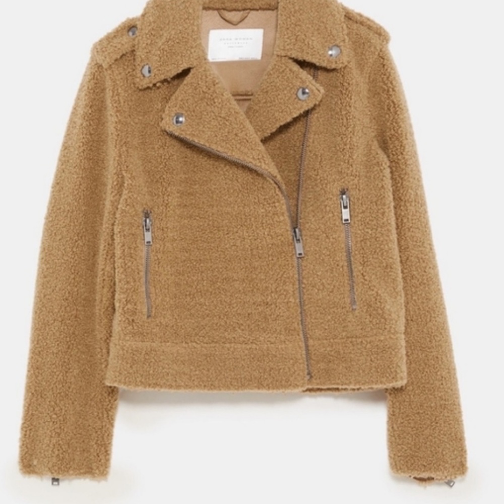 Zara Sherpa camel moto jacket outerwear size L